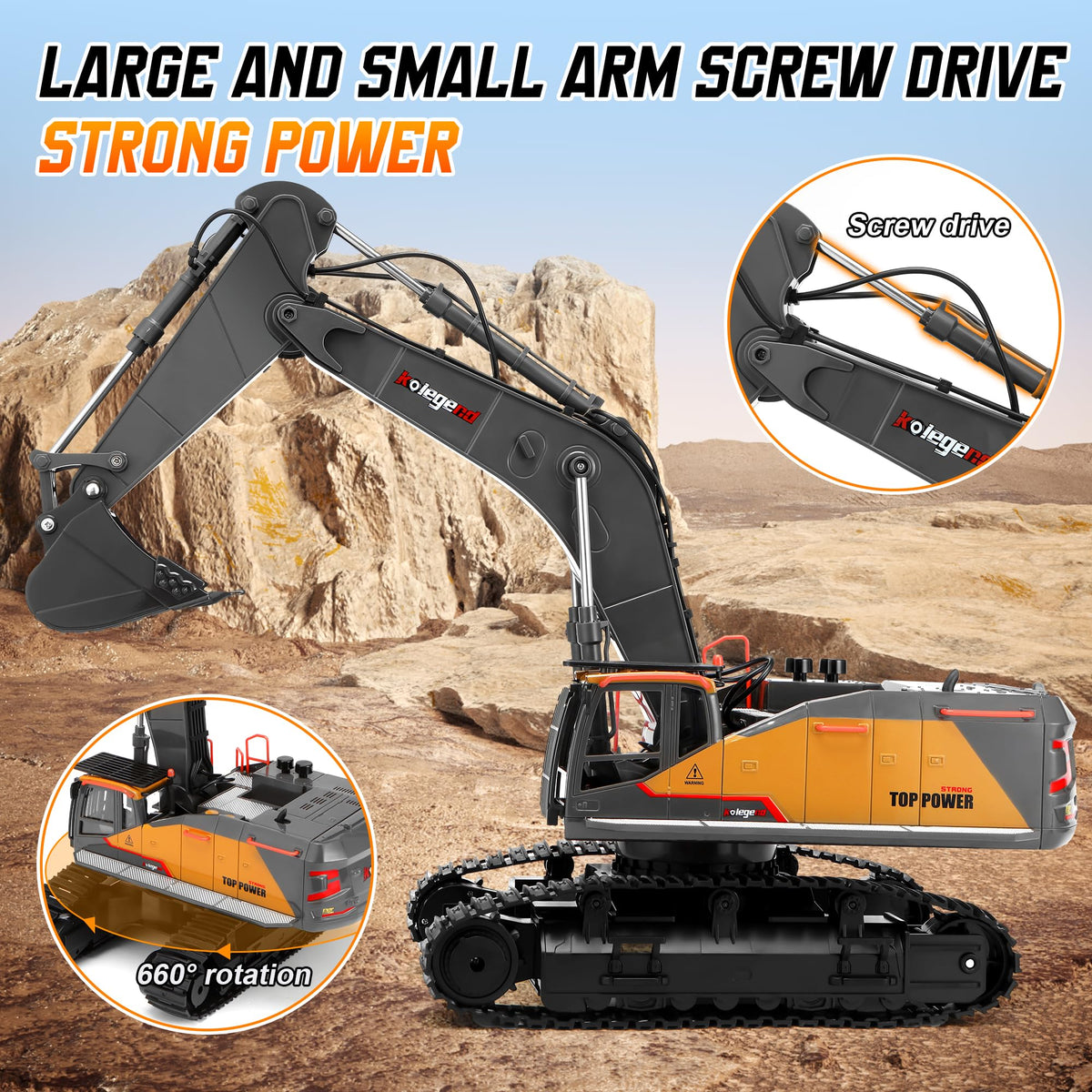 kolegend 1:14 RC Excavator 25 Channel 4 in 1 Construction Toys,Remote Control Vehicles Tractor Sandbox Toys Digger,with Metal Bucket,Drill Bit,Gripper & Wood Gripper RC Truck