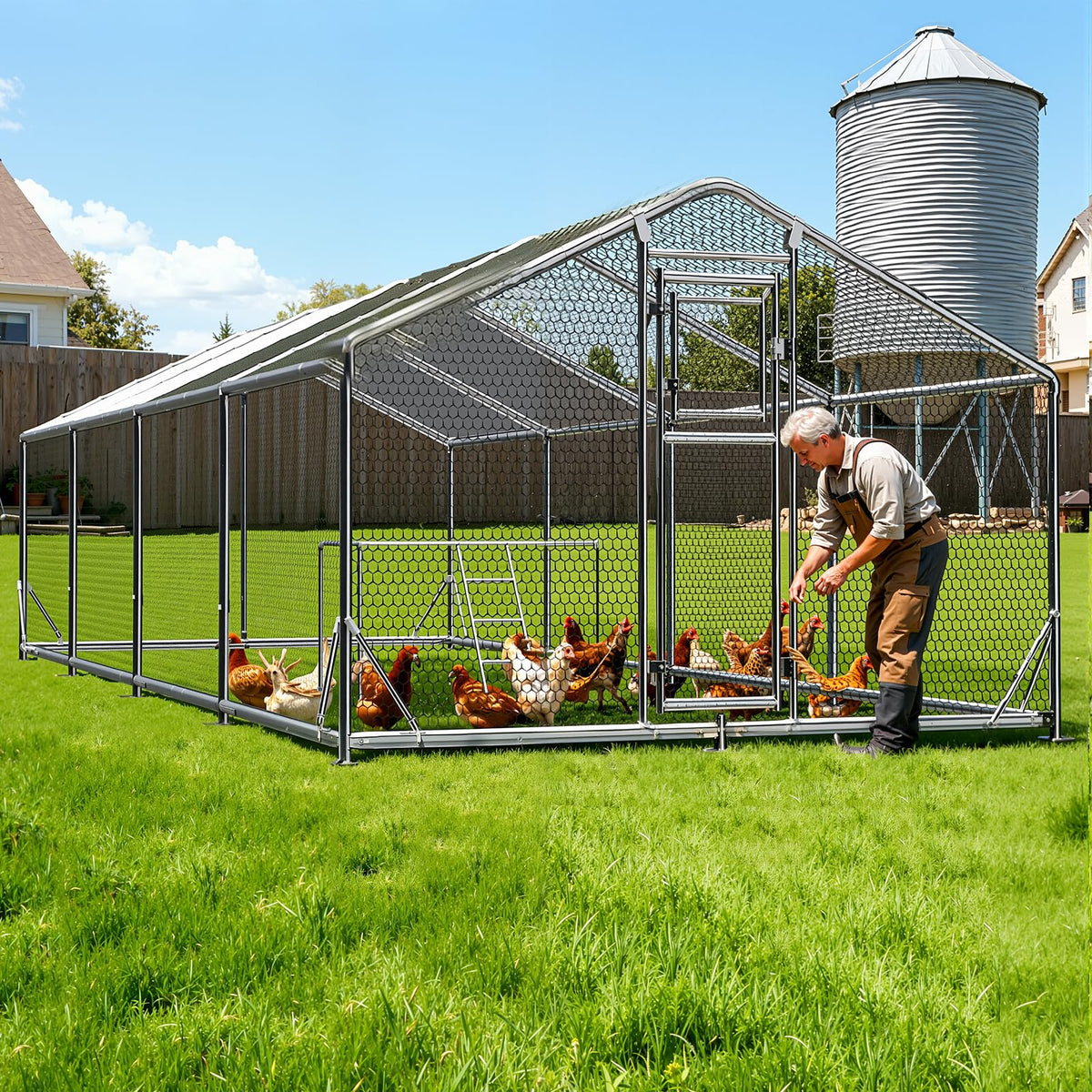 10x26FT Large Metal Chicken Coop, Dutch Door Chicken Run with Waterproof Cover and Chicken Wire, Walk in Chicken Coop for Hen House, Duck Coop and Rabbit Run