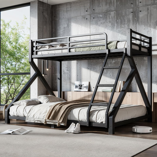 Bellemave Twin XL Over Queen Bunk Bed Frame with Noise Reduced Design, Low Profile Bunk Bed with Ladder and Fence, Heavy Buty Bunk Beds for Adults, Teens