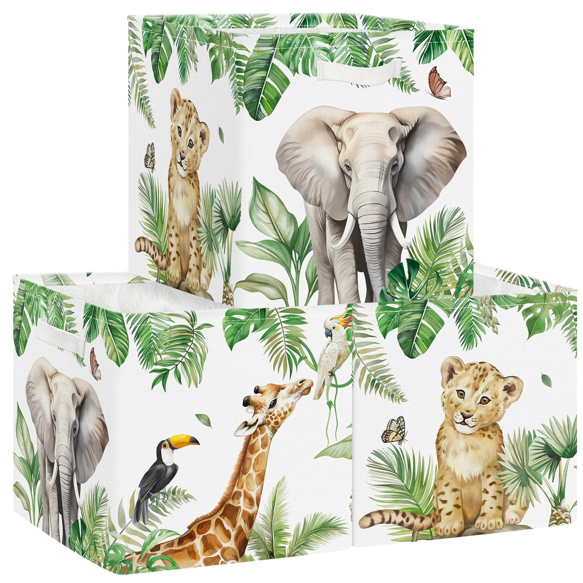 Clastyle Jungle Animals Kid Storage Cube Organizer Set Tropical Leaves Palms Giraffe Closet Clothes Cube Storage Bin Nursery Toddler Toy Box Chest Girl Boy Book Shelf Basket,Lion,11.8x11.8x11.8 in