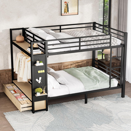 Bellemave Queen Over Queen Metal Bunk Bed with Storage Drawers and Shelves, Heavy Duty Bunk Beds with Pegboard and Coat Rack for Kids, Adults,Black