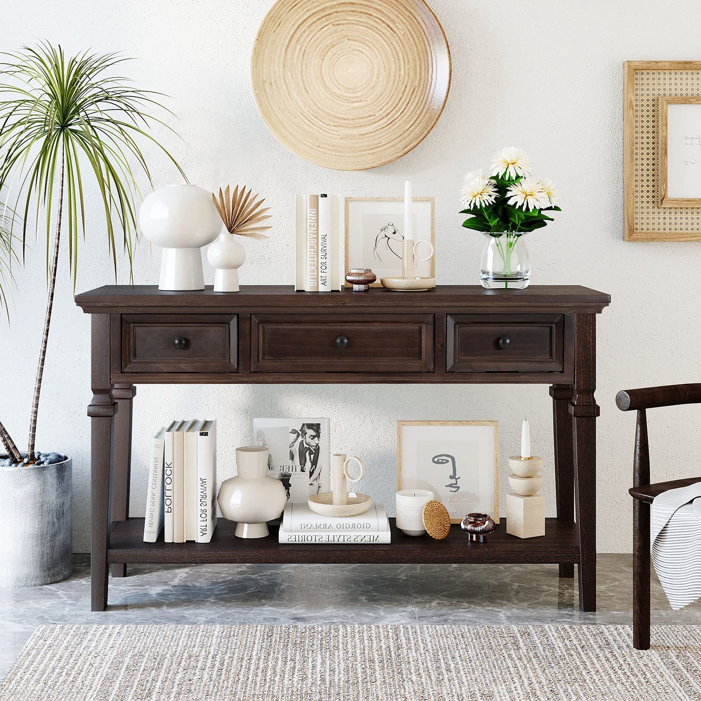 Merax Wood Farmhouse Entry Way Hallway Console Table with Drawers and Bottom Shelf Narrow Long Sideboard for Living Room Bedroom Espresso