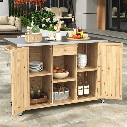 52.25" W Outdoor Grill Cart Table with Stainless Steel Tabletop, Patio Kitchen Island Storage Cabinet for BBQ, Bar