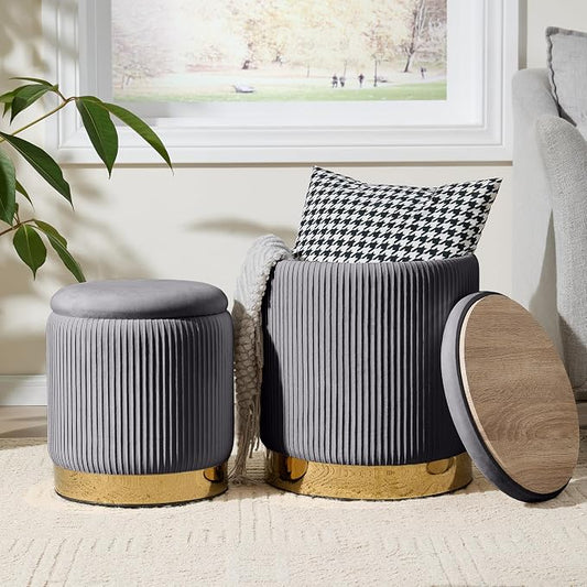Royal Windsor Round Ottoman with Storage Set of 2, Vanity Stool with Storage for Bedroom, Ottoman Coffee Table Gold-Tone Ring Around the Base, Small Velvet Foot Stool for Living Room, Grey