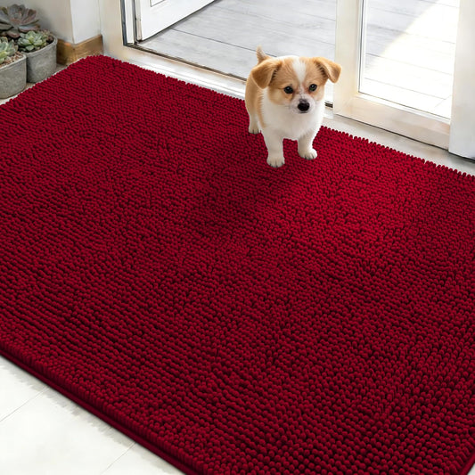 OLANLY Dog Door Mat - Absorbent Non-Slip Chenille Mat for Muddy Paws | 48x30 Red, Quick Dry & Washable