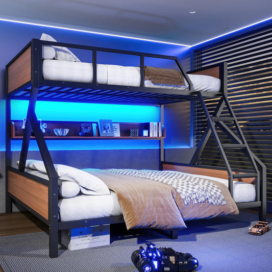 Bellemave Queen Over King Size Bunk Bed with Storage Shelves and LED Lights,Heavy Duty Adult Bunk Beds with Angled Ladder,Metal Queen Bunk Bed,Black