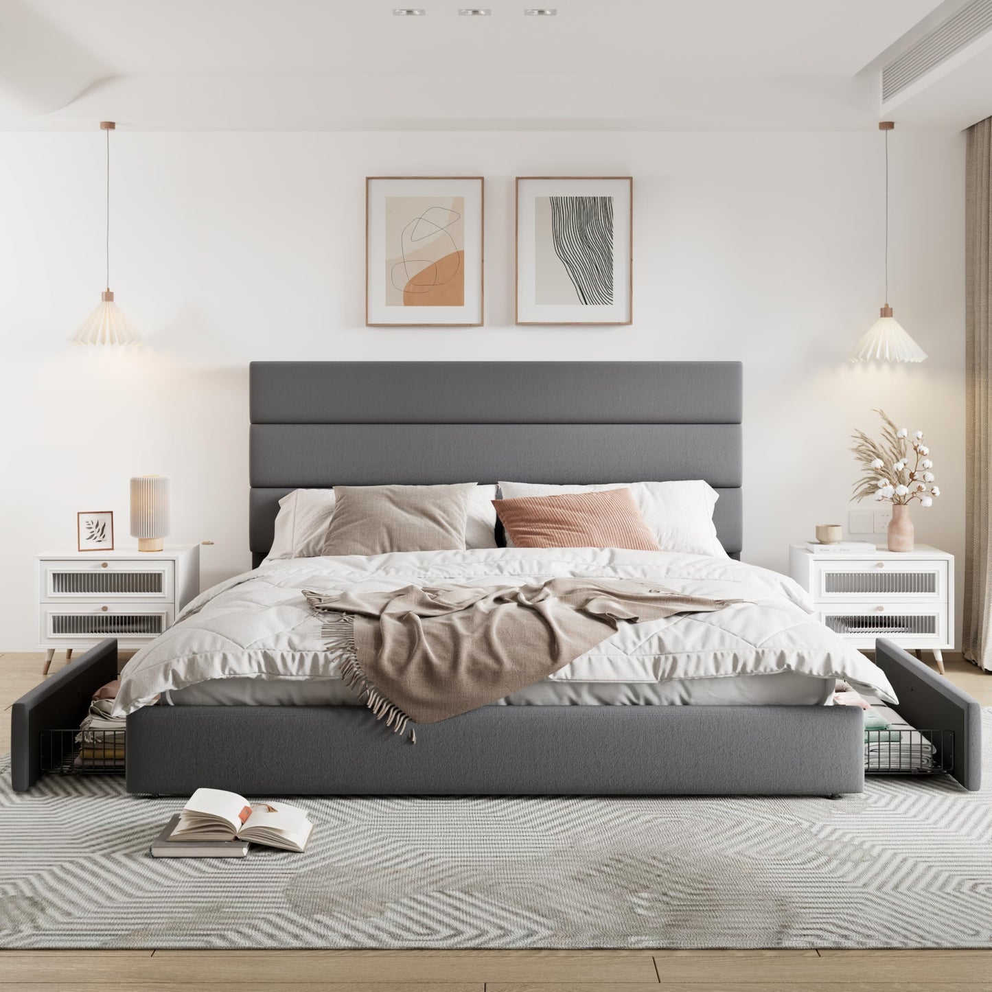 Allewie Modern King Size Platform Bed Frame with 4 Storage Drawers and Velvet Upholstered Headboard, Wooden Slats Support, Upholstered Mattress Foundation/No Box Spring Needed/Easy Assembly, Grey