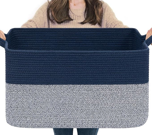 Goodpick Large Blanket Basket 22" x 17" x 12" Woven Storage Baskets for Organizing, Decorative Cotton Rope Basket for Living Room Home Decor, Toy Baskets for Kids, Mixed Blue