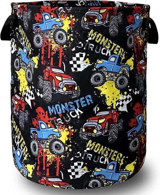 Funny Cars Printed Laundry Basket Foldable With Handles Tote Bag Oxford Cloth Colorful Laundry Hamper Clothes Storage Bucket Toy Organizer 18.9"x16.5"For Bathroom/Laundry/Bedroom