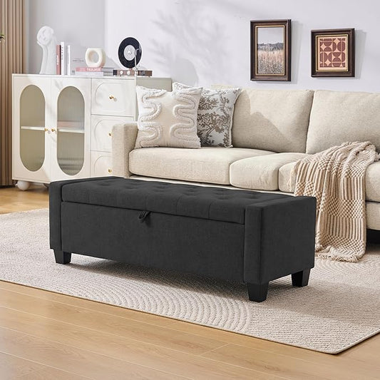 Huatean Home 43" Ottoman with Storage, Storage Ottoman Bench with Safety Hinge, Upholstered Entryway Bench with Seating for Bedroom, Living Room, Holds up to 330 lb, Dark Gray