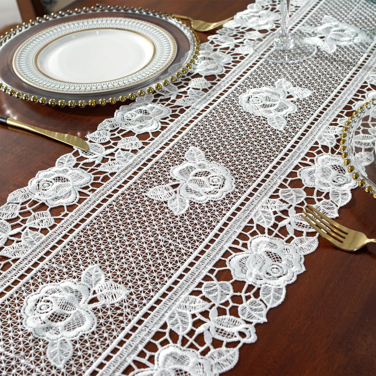 auons White Crochet Lace Table Runner Peony Floral Embroidered Table Dresser Scarf Rustic Table Decor for Home Wedding Bridal Shower Baby Shower Party, 12 x 72 Inch