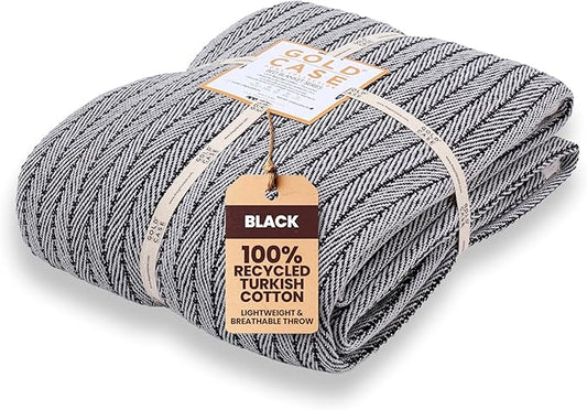 Gold Case Throw Blanket for Bed - 100% Recycled Turkish Cotton Blanket - Vintage Lightweight Soft Throw Blankets for Bed & Living Room - Twin Size Cozy Blankets - 71x90 - Black