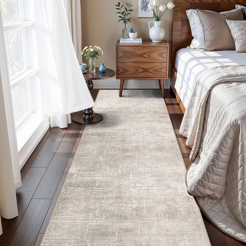 Abstract Kitchen Rug Runners | Washable Non-Slip 10ft Soft Indoor Area Rug - Beige/Cream (2x10)