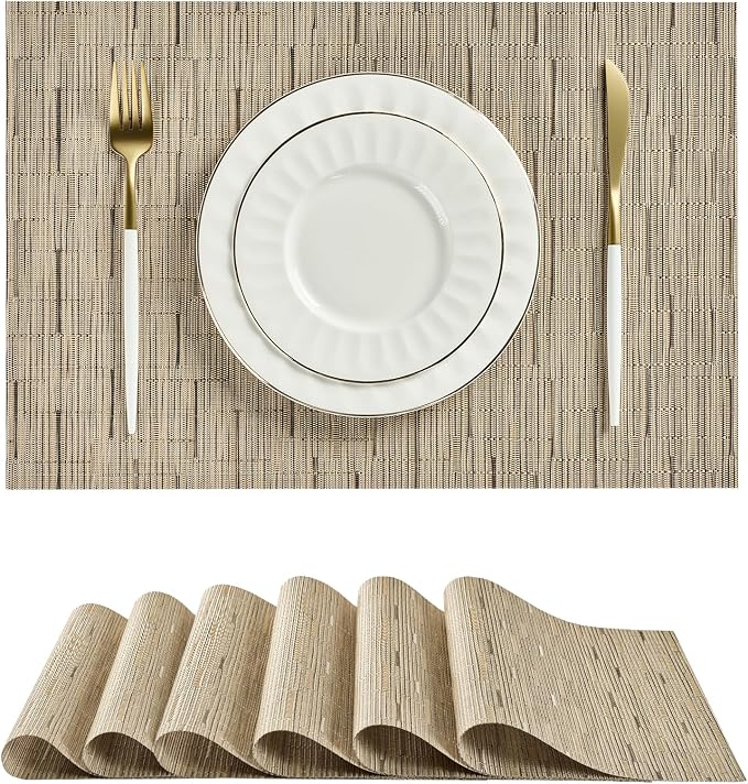 Leetaltree Light Brown Placemats Set of 6 - Heat Resistant Non-Slip Place mats for Dining Table, Washable Durable PVC Vinyl Woven Table Matsï¼Light Brown, 6ï¼