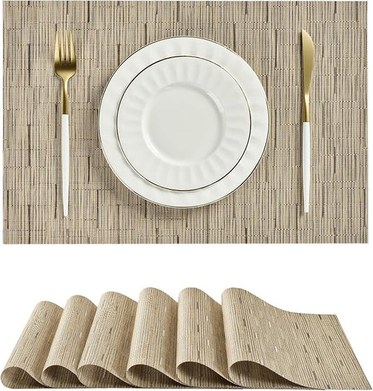 Leetaltree Light Brown Placemats Set of 6 - Heat Resistant Non-Slip Place mats for Dining Table, Washable Durable PVC Vinyl Woven Table Matsï¼Light Brown, 6ï¼