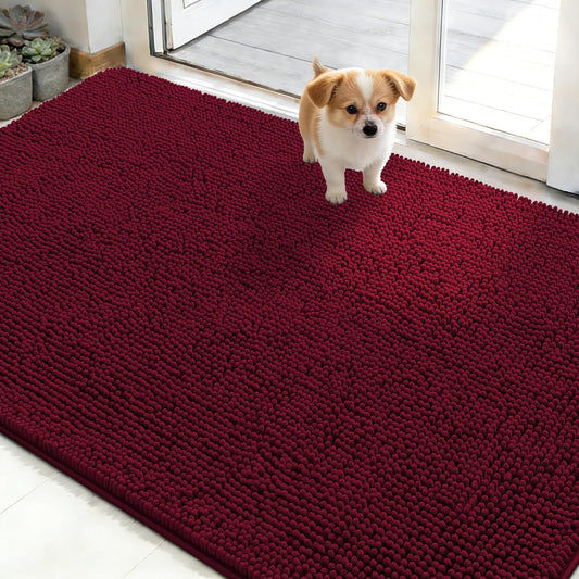 OLANLY Dog Door Mat - Absorbent Non-Slip Chenille Mud Mat for Muddy Paws | 50x30, Burgundy
