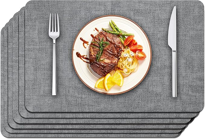 Maxpearl Faux Leather Placemats Set of 6 - Waterproof - Wipe Clean - Heat Resistant - Anti Slip Dining Table Place Mats, Suitable for Indoor & Outdoor Use, 17ââÃ12ââ, Grey