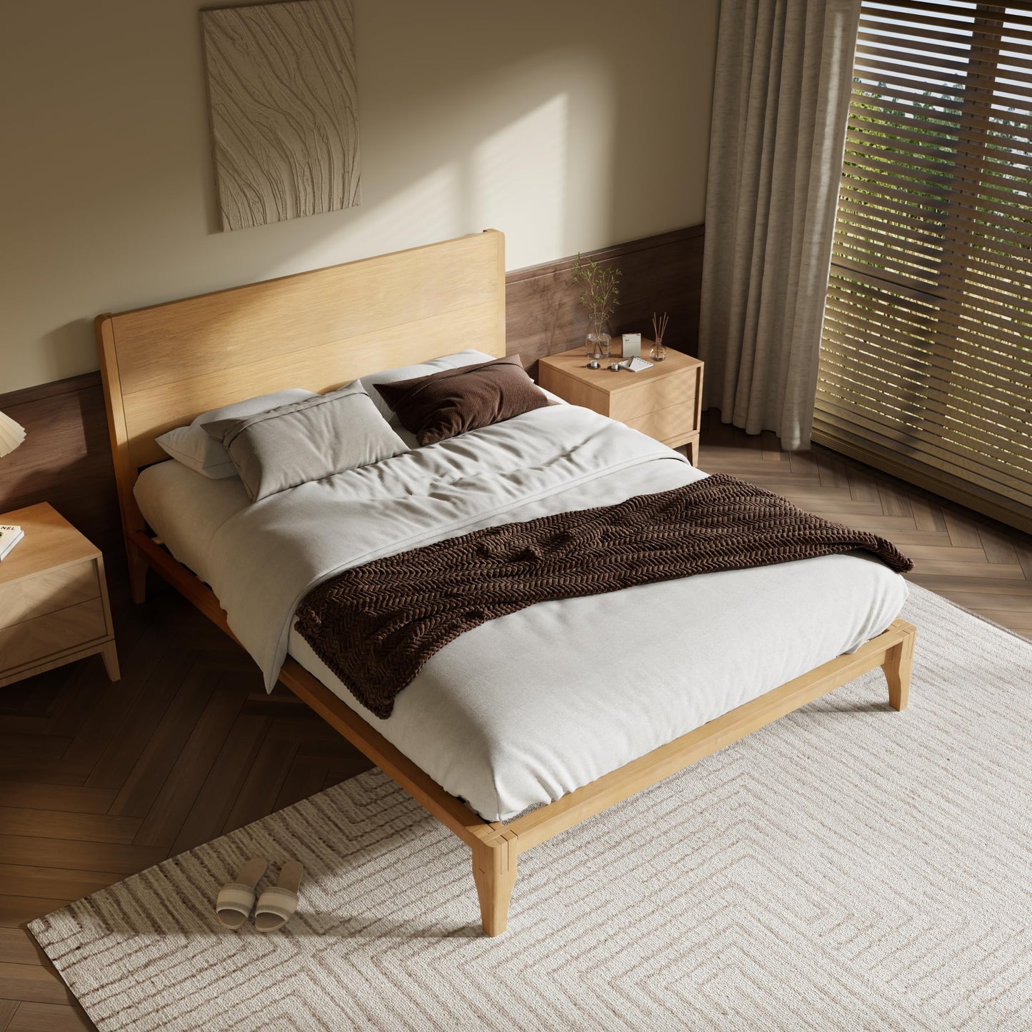 Merax King Size Bamboo Platform Bed, Mid-Century Modern Bed Frame with Tall Headboard, Solid Sustainable Bedframe King-Size, Wood Slat Support, No Box Spring Needed, Easy Assembly, Natural