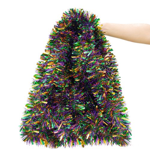 50FT Mardi Gras Tinsel Garland, Purple Green Gold Metallic Twist Foil Tinsel Garland Glitter Hanging Garland for Mardi Gras Carnival Party Christmas Tree Indoor Outdoor Decoration
