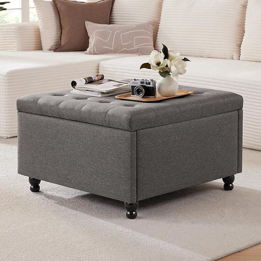 Weture 30 Inch Large Square Storage Ottoman Coffee Table, Oversized Square Ottoman with Storage, Tufted Upholstered Coffee Tables for Living Room (Fabric, Dark Grey)