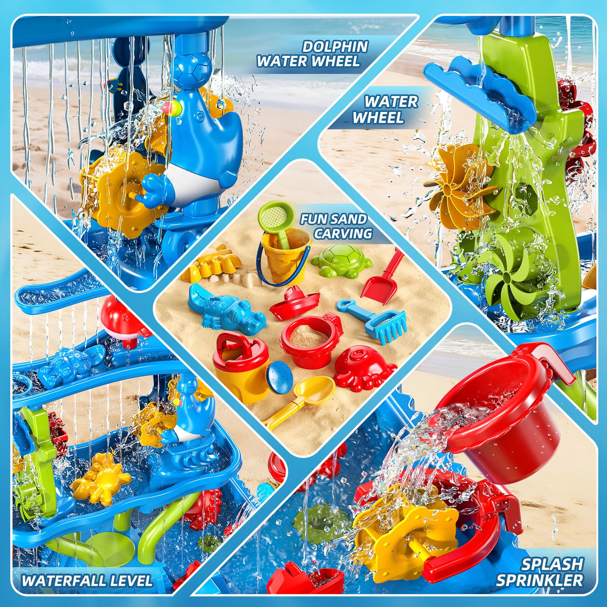 Sand Water Table, 4-Tier Rectangular Sand and Water Table for Toddlers 1.5+, Outdoor Splash and Play Activity Set for Boys and Girls Ages 2 3 4 5 6 7 8 Years, Indoor Outdoor Water Play Sensory Toys