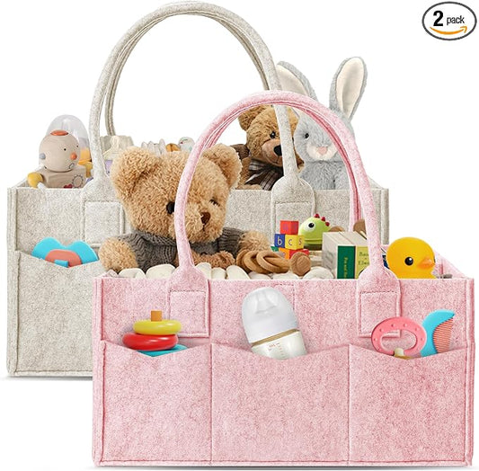 HIPHOP PANDA 2-Pack Diaper Caddy Organizer - Nursery Storage Bin & Car Organizer for Diapers, Wipes, and Baby Essentials - Dual-Color Solid Set (Pink/Oatmeal), Large Size