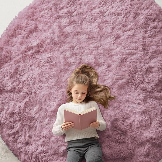 OLANLY Blush Round Area Rug - Soft, Fluffy 7 ft Circle Carpet for Bedroom & Living Room Decor