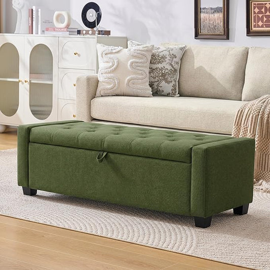 Huatean Home 48" Ottoman with Storage, Storage Ottoman Bench with Safety Hinge, Upholstered Entryway Bench with Seating for Bedroom, Living Room, Holds up to 330 lb, Green