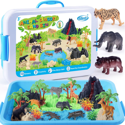Billeeit Animal Sensory Bin Sand Toy, Play Sand Kit w/lid and 2.2lbs Moldable Sensory Sand, Molds, Tools, Map Set 35pcs Total, Fun Gifts for Kids 3+