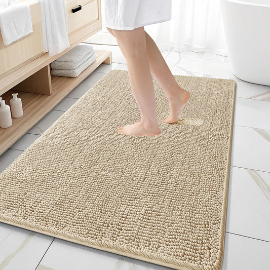 OLANLY Large Bathroom Rugs - Extra Soft Chenille Bath Mats | Quick-Dry, Machine Washable, 59x35, Beige