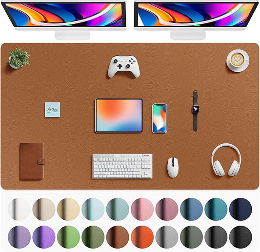 Aothia Faux Leather Desk Mat - Large Mouse Pad, Non-Slip PU Leather Blotter, Waterproof Writing Surface for Office and Home (Brown, 63" x 24")