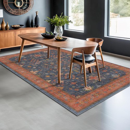 Hazo Haus 6x9 Dining Room Rug - Washable Non-Slip Area Rug in Navy Blue & Terracotta for Vintage Boho Decor