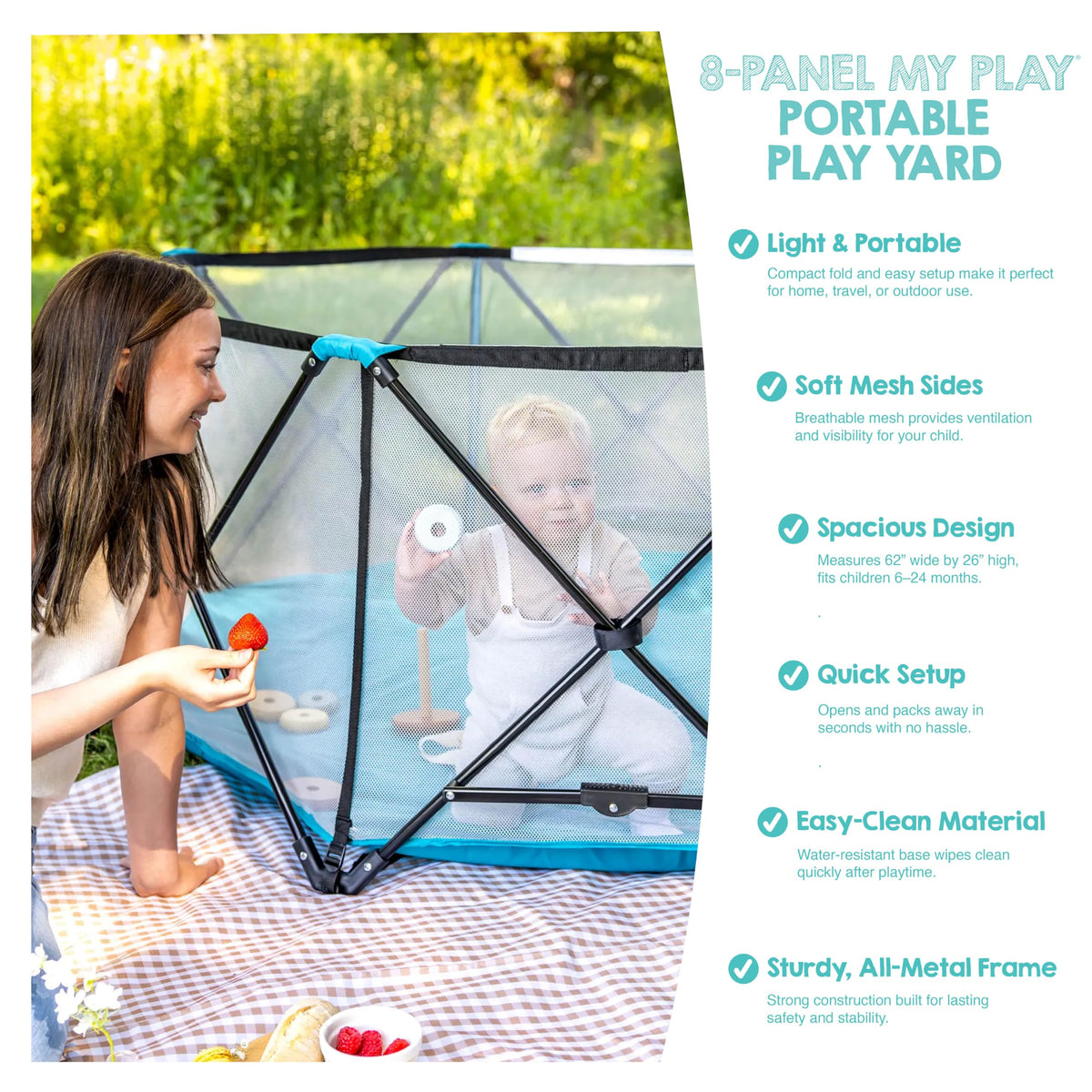 Regalo Safety My Play Deluxe Extra Large Baby Playpen & Portable Play Yard, Foldable 8-Panel Indoor Outdoor Playpen for Babies & Toddlers, Mesh Sides, Washable Nylon Bottom, 62", Aqua/Black