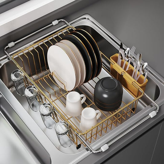 JASIWAY Gold Dish Drying Rack in Sink, Expandable Stainless Steel Dish Drainers for Kitchen Counter, Dish Dryer Rack for Inside Sink, Over The Sink Dish Racks with Utensil Holder