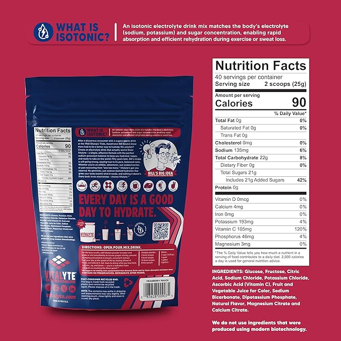 Vitalyte Electrolyte Powder Drink Mix, Isotonic Electrolyte Hydration Mix, Bulk Case Pack (12 Pack, Cranberry Frost)