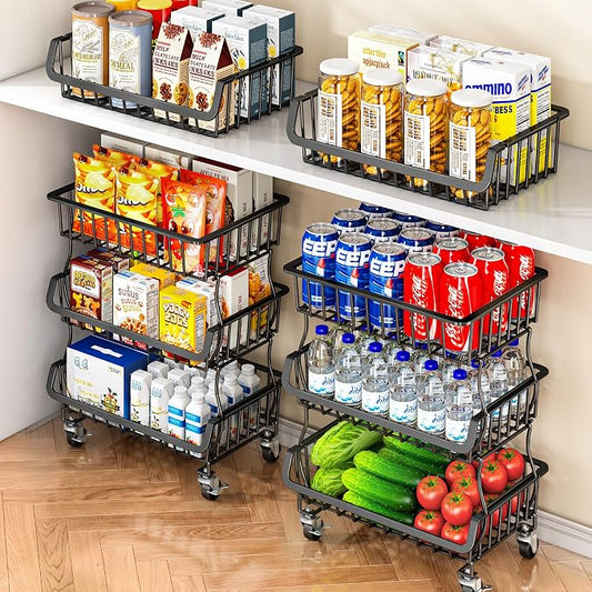 Gsiekare 3-Tier Rolling Pantry Organizer and Storage Cart with Wheels – Stackable Wire Snack Cart for Kitchen, Pantry Shelves and Storage Rack for Fruit, Vegetables, Onion, Potato (1 Pack)