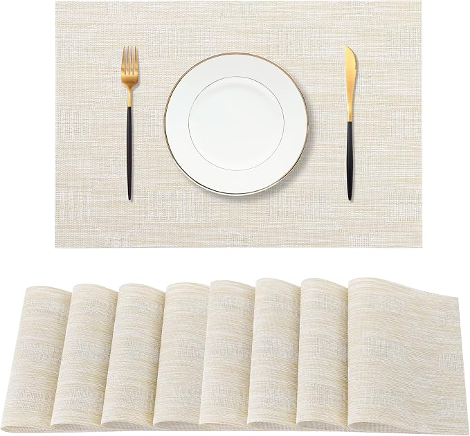 Leetaltree Wheat Placemats Set of 8 - Heat Resistant Non-Slip Place mats for Dining Table, Washable Durable PVC Vinyl Woven Table Matsï¼Wheat, 8ï¼