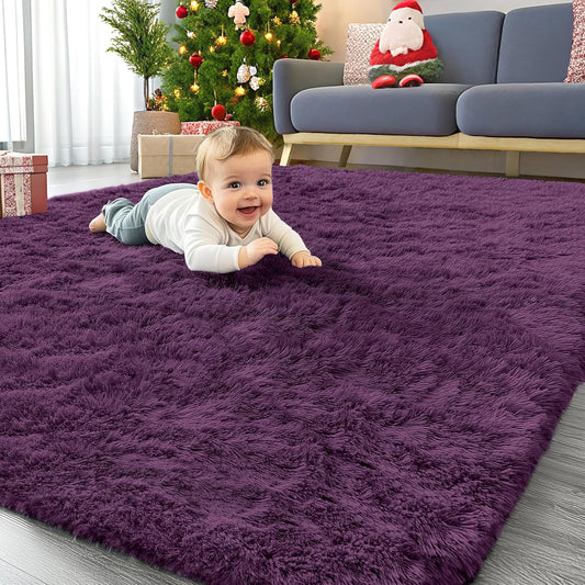 OLANLY Area Rug - Soft Fluffy Shaggy Carpet for Living Room & Bedroom - 4x5.9 ft Dark Purple
