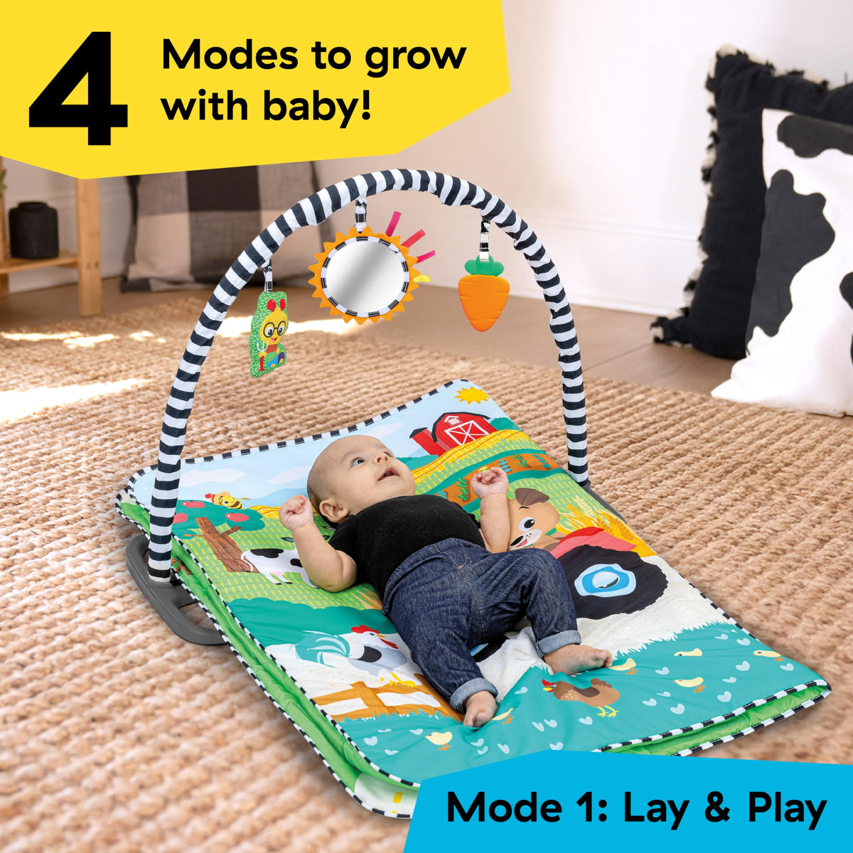 Baby Einstein Busy Barnyard Grow with Me Baby Play Gym - Extra Large Soft Play Mat with 8 Removable Toys Including 30+ Songs & Sounds to Support Motor Skills, Ages 0+ Months