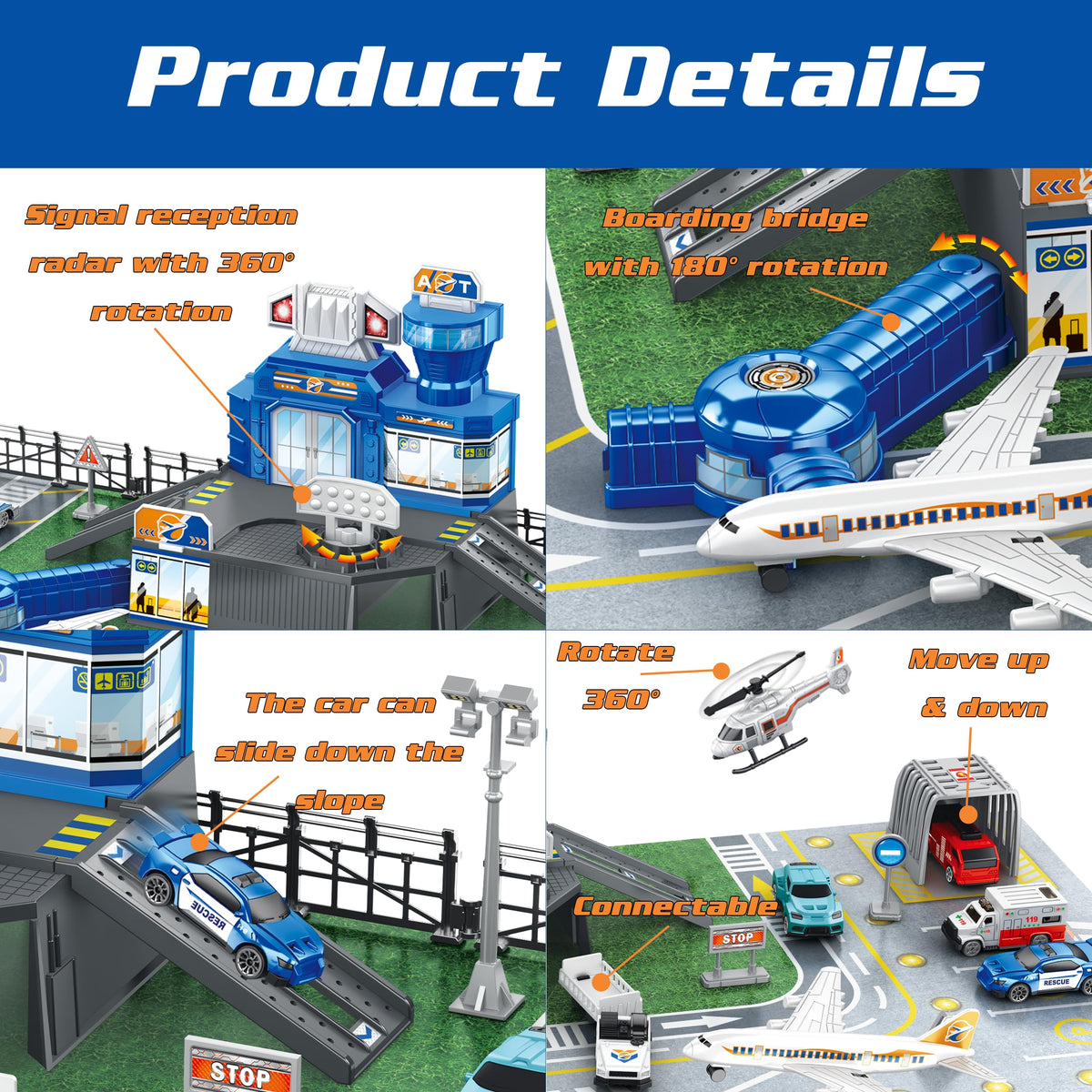 Airplane Toy Set with Trucks, Helicopter, Planes, Signs and Airport Playmat, Interactive Early Learning Toys for Boys Girls, Great Gift for Birthday
