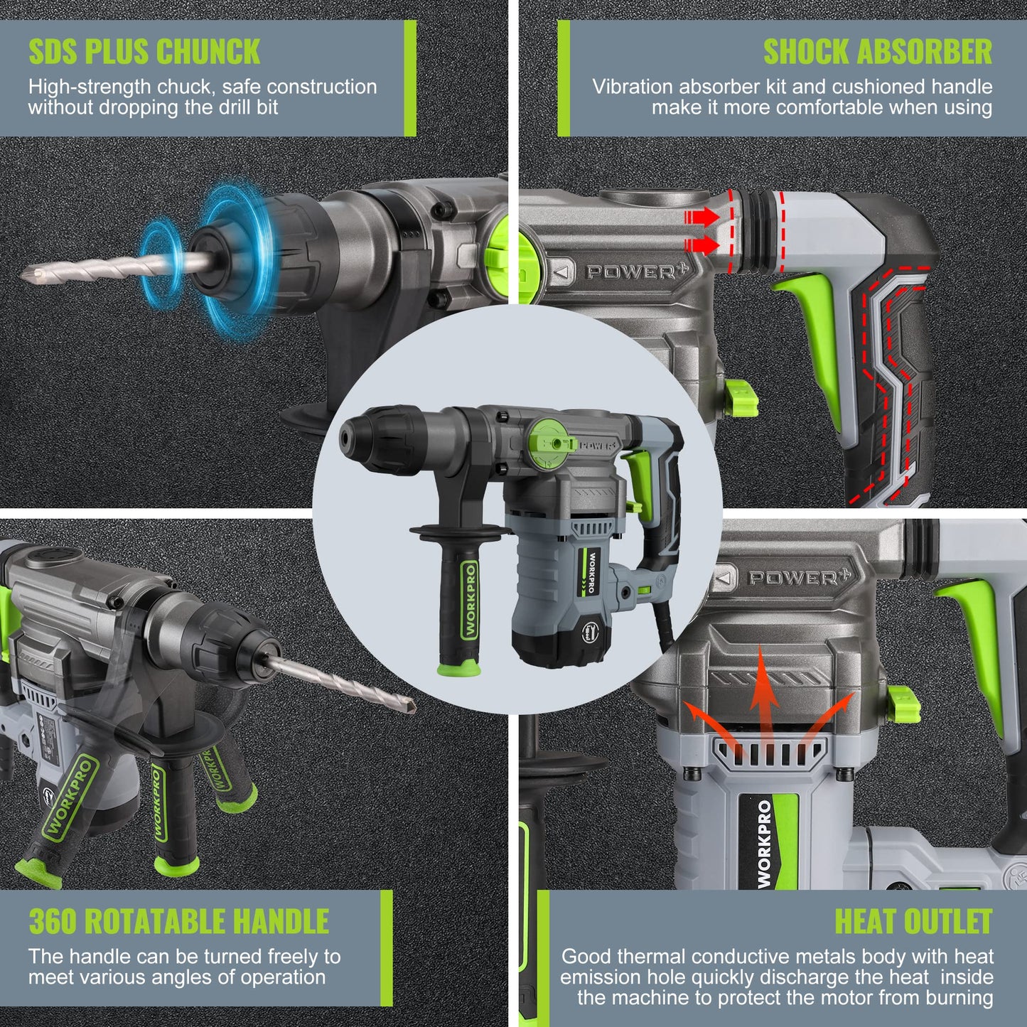 WORKPRO 1-1/4 Inch SDS-Plus Rotary Hammer Drill, 12.5AMP, Heavy Duty Corded Version for Concrete Demolition Chipping Rotomartillo, 5 SDS-Plus Bits