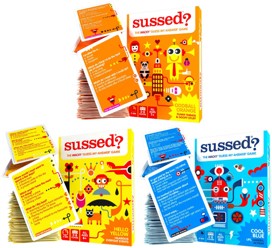 SUSSED 650 Wacky Conversation Starters for Kids, Teens & Adults- Family Card Game - Fun Gift - Stocking Stuffer - Blue, Green and Orange Bundle