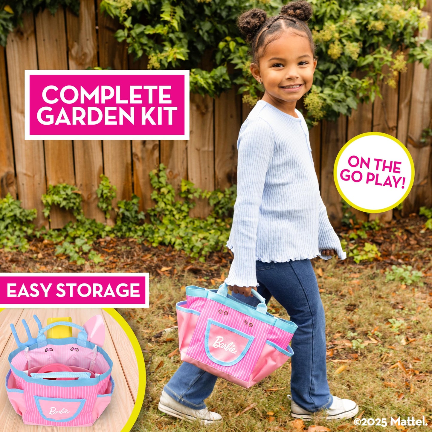 Barbie Garden Set – Real Gardening Tools for Kids with Watering Can, Metal Tools, Flower Pot and Storage Bag – Pink Tool Playset for Outdoors, 6 Pieces