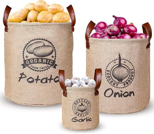 Kamehame Potato and Onion Storage Baskets Pack of 3, Lined Burlap Pantry Storage Bins for Potato Onion Garlic with Handles