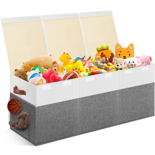 Extra Large Toy Storage Box with Lid, Collapsible Sturdy Toys Chest Storage Organizer Bin Basket with Divider for Kids, Boys, Girls, Closet, Playroom, Bedroom, Nursery, 40"X14"X16", Gray & White