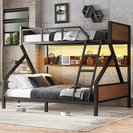 Bellemave Twin XL Over Queen Bunk Bed with Storage Shelf and RGB LED Lights, Adults Bunk Bed with Angle Padded Ladder, Heavy Duty Bunk Beds with Noise-Reducing Rubber Stoppers, Black