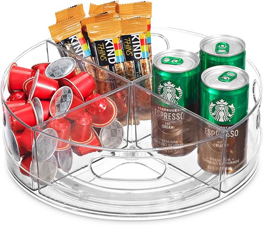 Oizeir Lazy Susan Turntable - Clear Acrylic, Removable Sections, Rotates 360 Degrees. Easily Organize Your Fridge, Cabinet or Counter. Great Carousel Storage for Food, Spices, Cosmetics. (4-Sections)