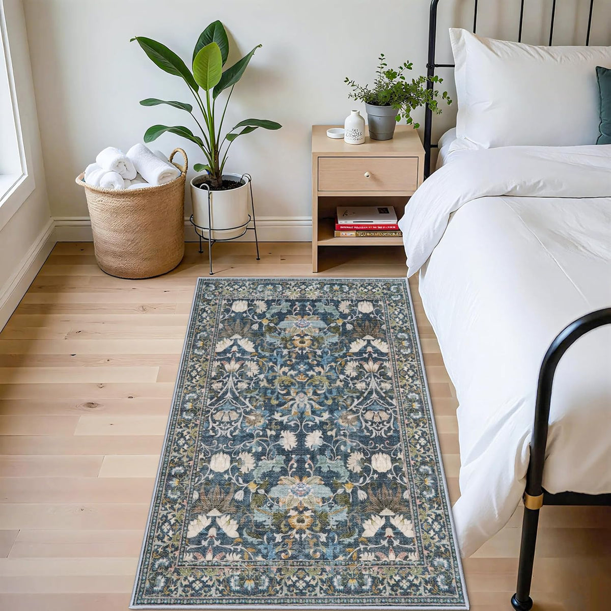 Skiennix 4x6 Area Rug - Washable Boho Floral Design | Non-Slip Low Pile Carpet for Living Room, Bedroom, Office