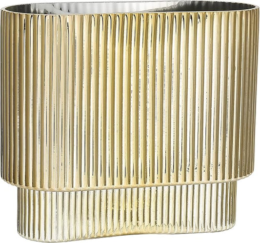Ribbed Vase, Gold Glass Vase for Flowers, Gold Flower Vases for Tulips, Modern Vases for Living Room, Dining Table, Office, Bedroom, Mantle, Shelf, Wedding, 7 Inch