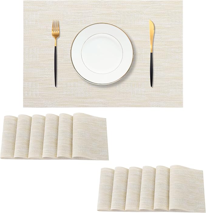 Leetaltree Wheat Placemats Set of 12 - Heat Resistant Non-Slip Place mats for Dining Table, Washable Durable PVC Vinyl Woven Table Matsï¼Wheat, 12ï¼